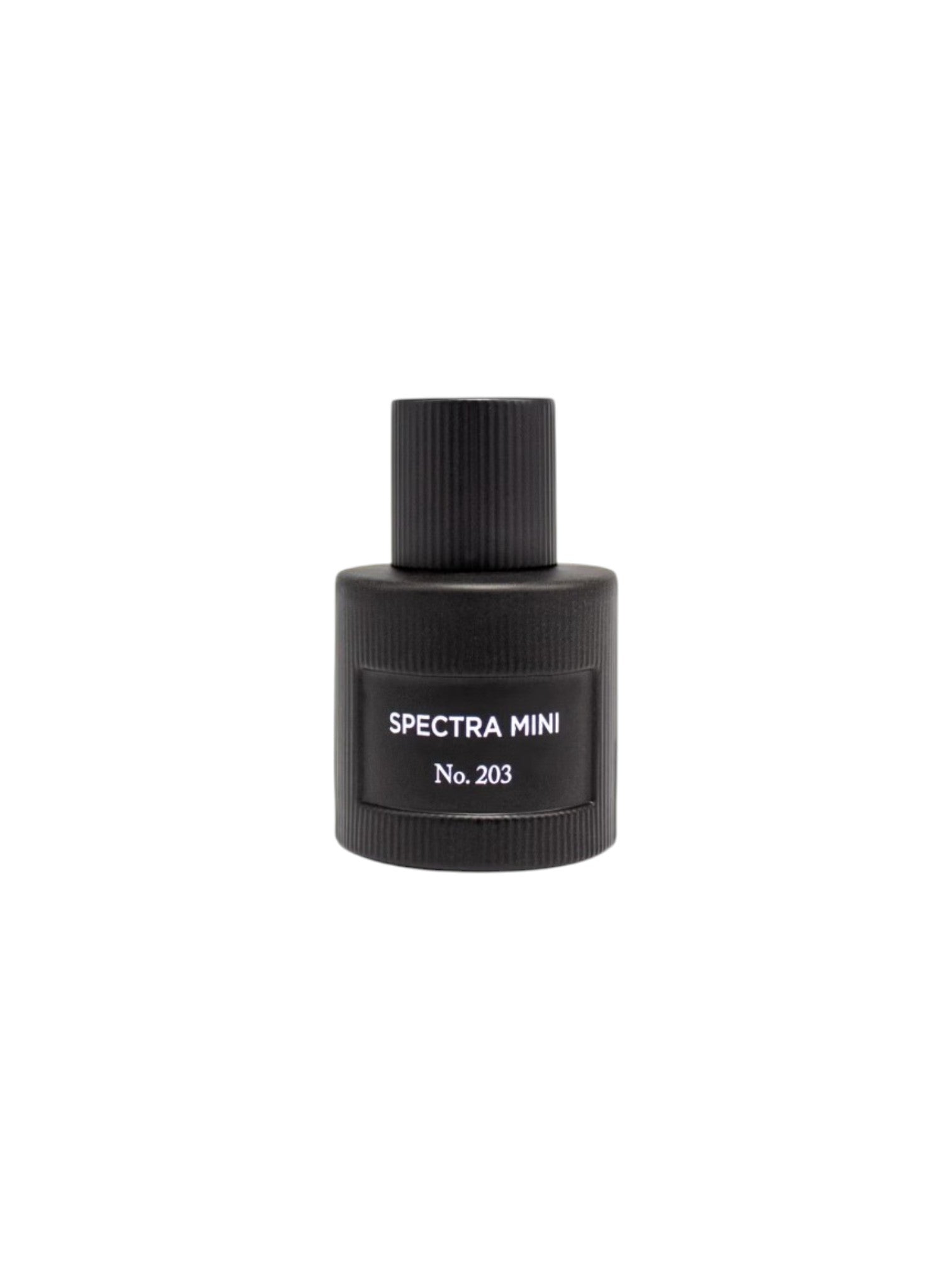 Black perfume bottle labeled Spectra Mini No. 203 on a white background. Spectra, Monza Outlet, Monza Fashion, Shein Outlet