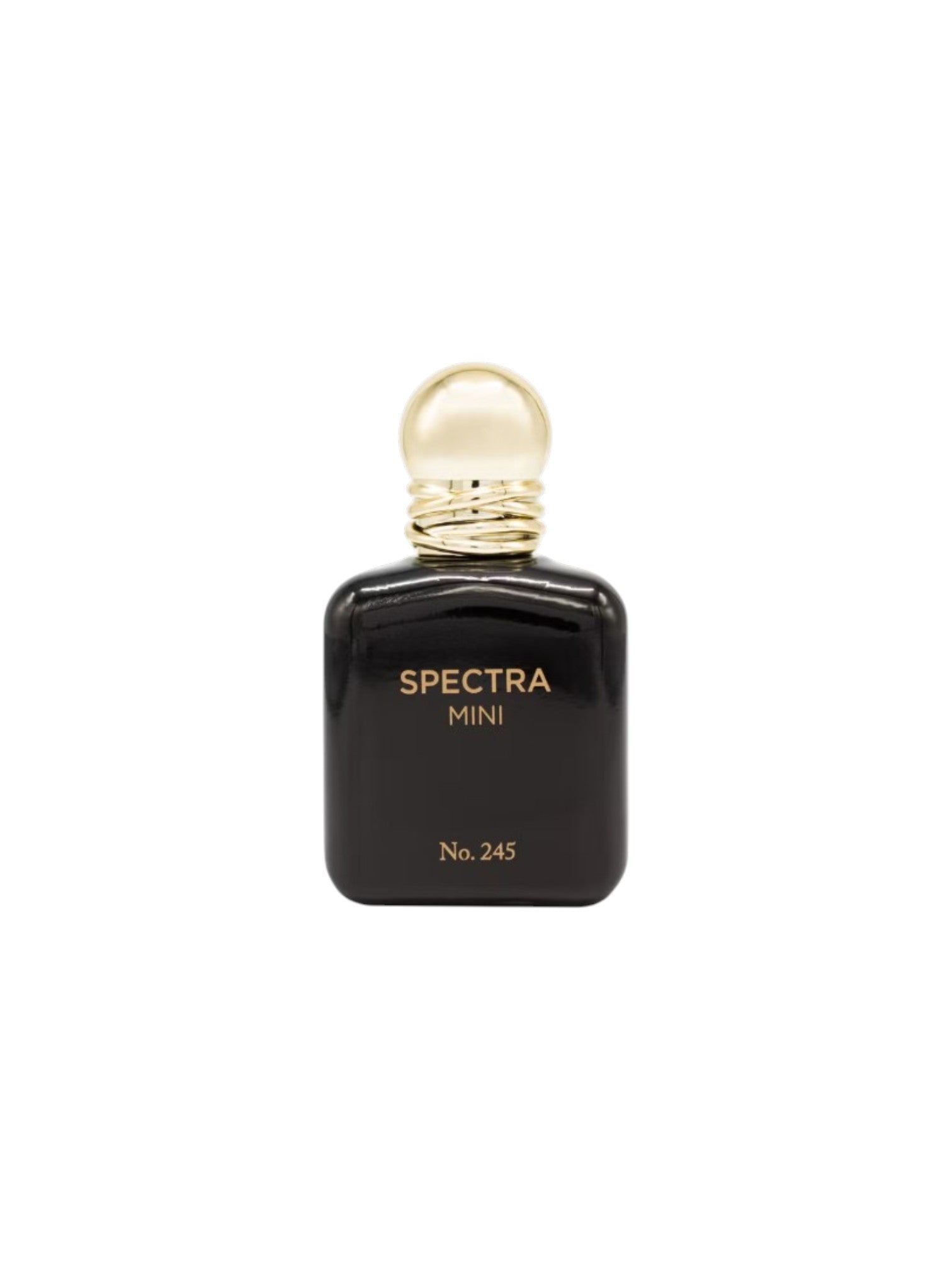 Black perfume bottle with gold cap labeled Spectra Mini on a white background. Spectra Mini, Monza Outlet, Monza Fashion, Shein Outlet