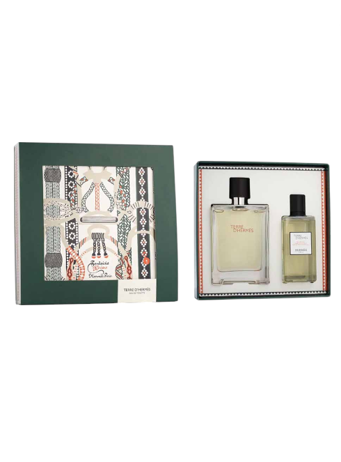 Perfume set with two bottles and a decorative box on a white background. Hermès Monza Outlet