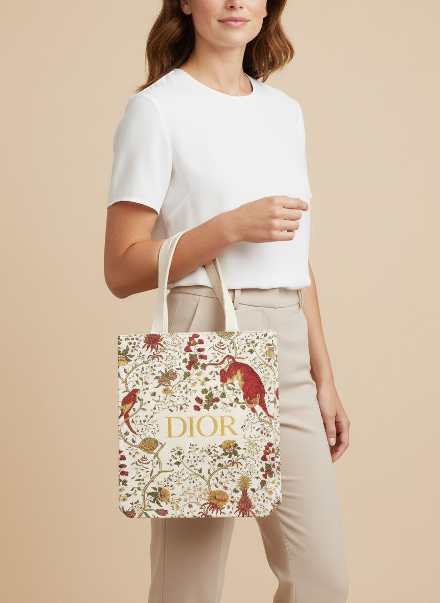 Person holding a Dior tote bag with floral design on a beige background. Dior, Monza Outlet, Monza Fashion, Shein Outlet