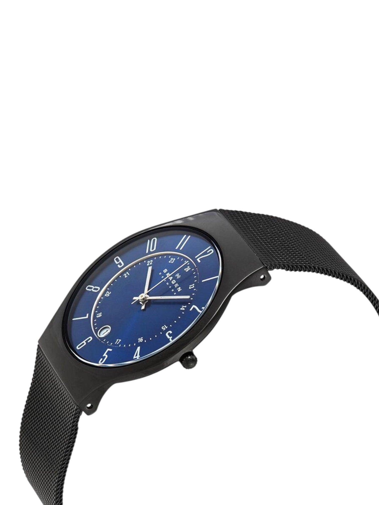 Wristwatch with blue dial and black mesh strap on white background Monza Outlet