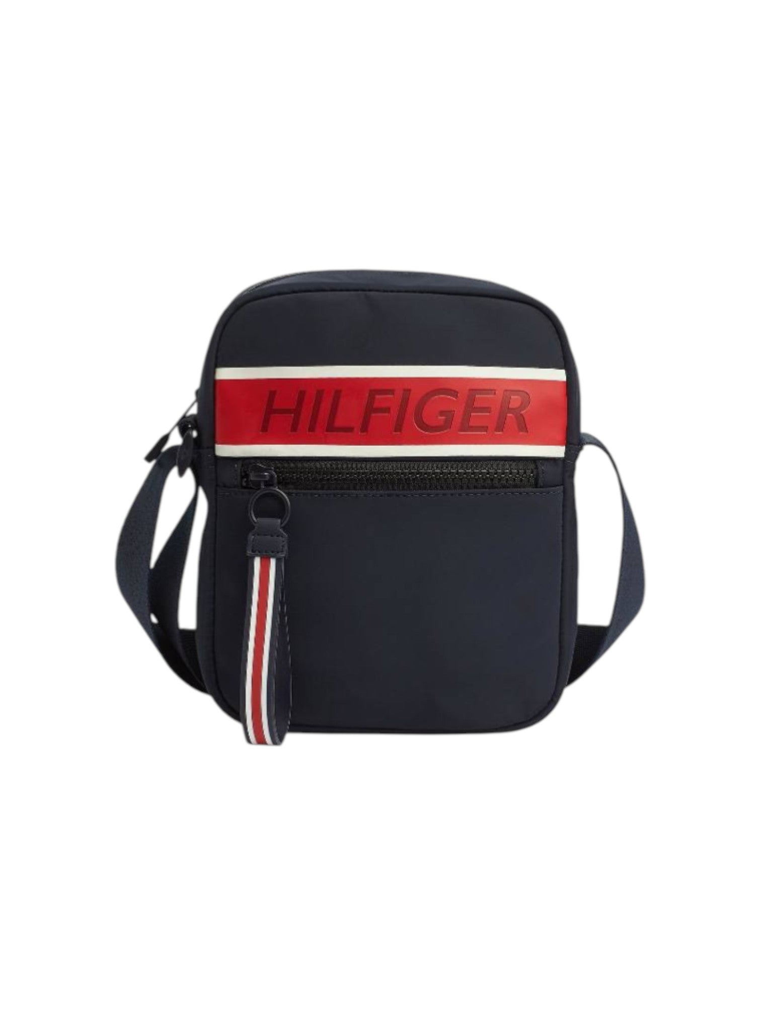 Black crossbody bag with red and white stripe featuring Tommy Hilfiger logo on a white background. Tommy Hilfiger, Monza Outlet, Monza Fashion, Shein Outlet