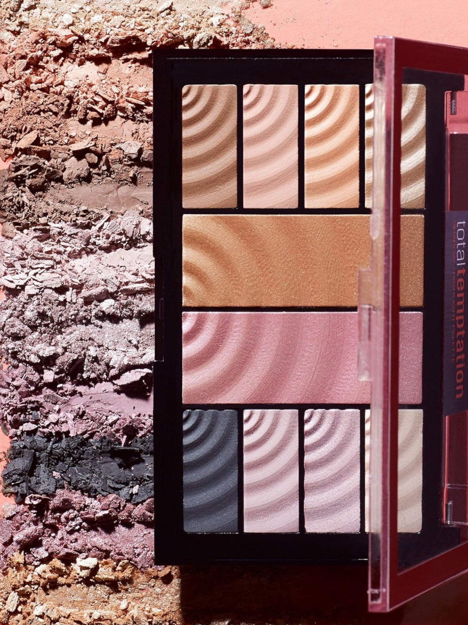 Makeup palette with swatch samples on a textured pink background Maybelline Monza Outlet