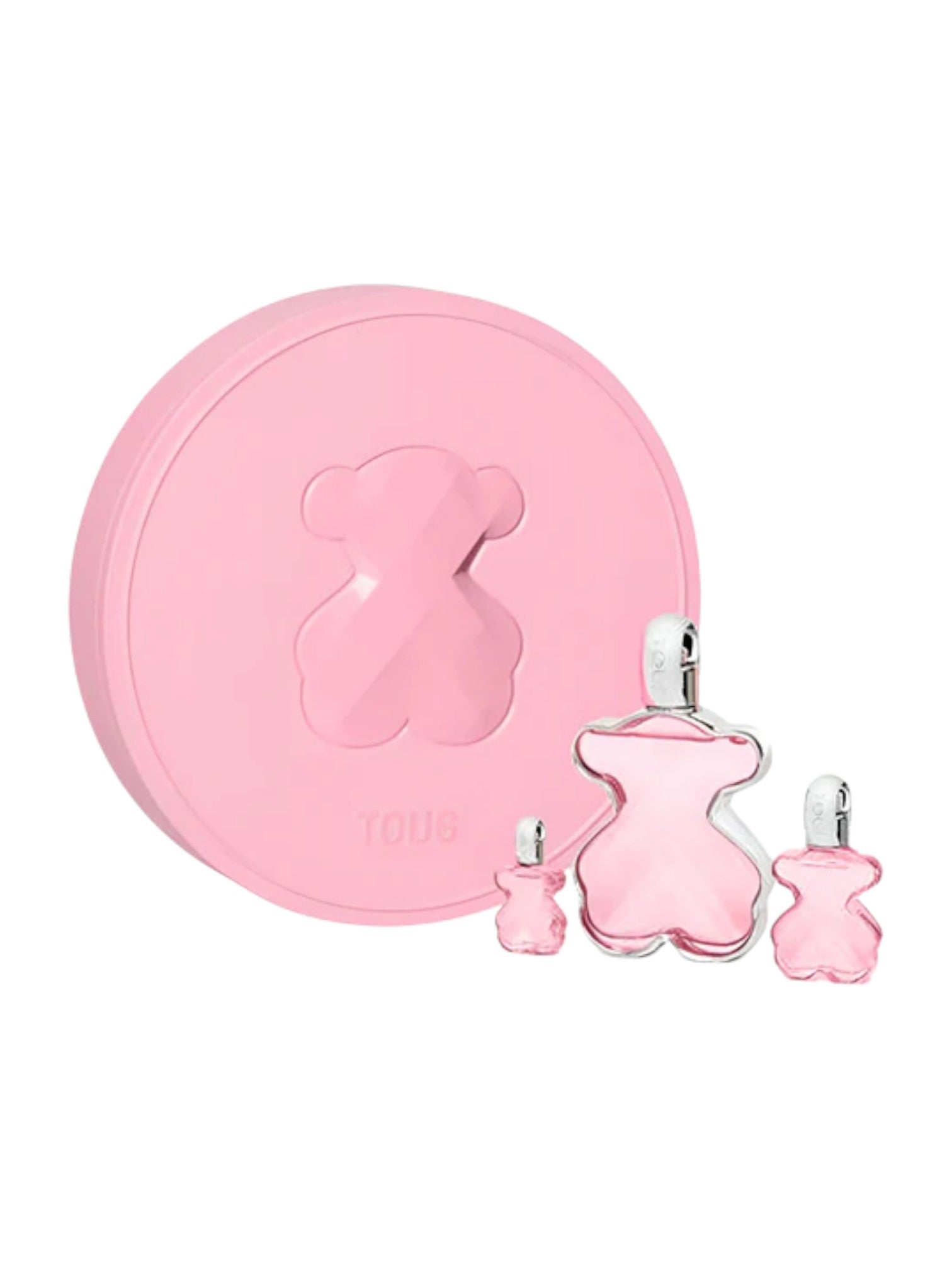Pink perfume set with a large round container and two smaller bottles on a white background. Tous Love Me, Monza Outlet, Monza Fashion, Shein Outlet