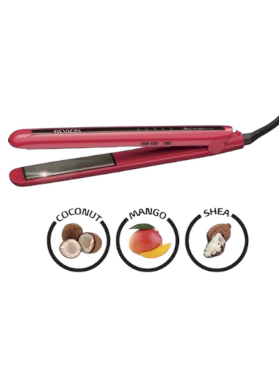 Red hair straightener with coconut, mango, and shea illustrations on a white background Monza Outlet, Monza Fashion, Shein Outlet