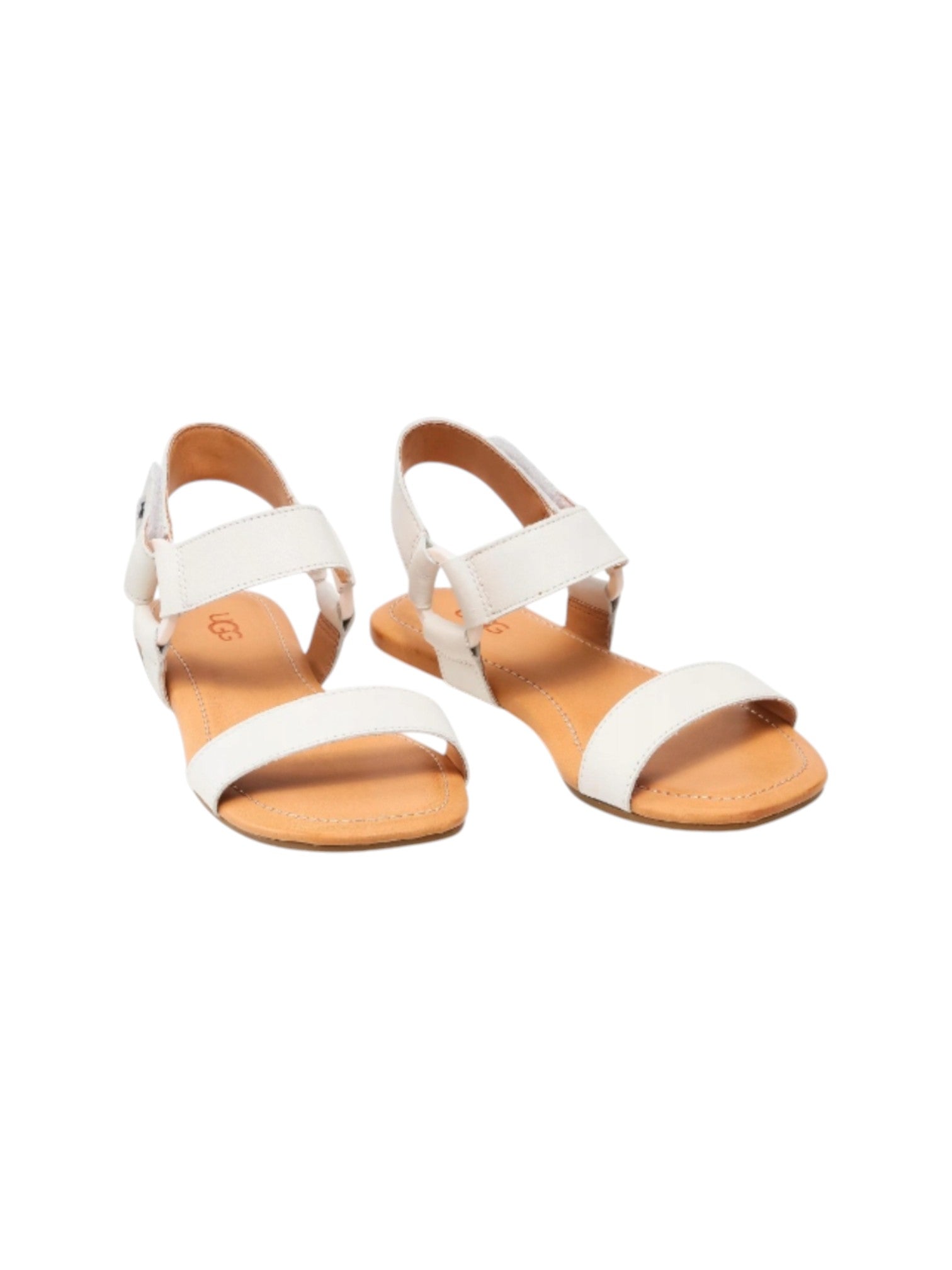 Pair of white sandals with tan soles on a white background. UGG, Monza Outlet, Monza Fashion, Shein Outlet