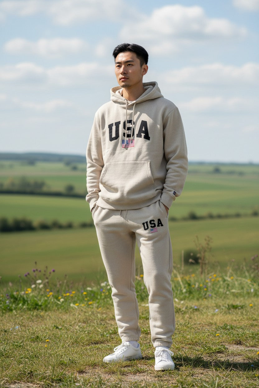 Man wearing a beige USA tracksuit standing in a field with a clear sky. Antler, Monza Outlet, Monza Fashion, Shein Outlet