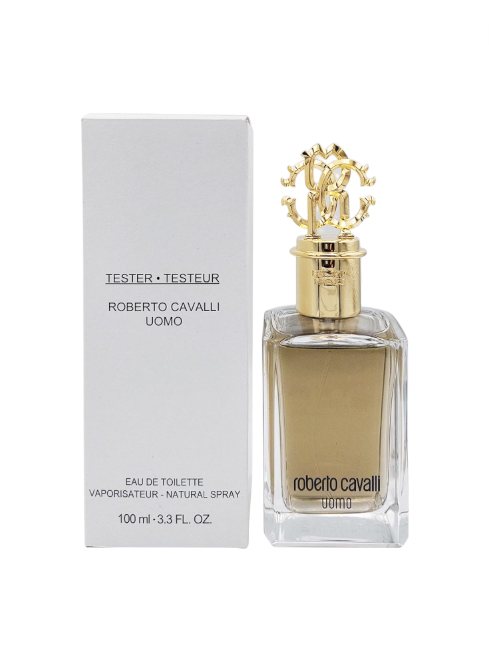 Roberto Cavalli Uomo perfume bottle with packaging on a white background