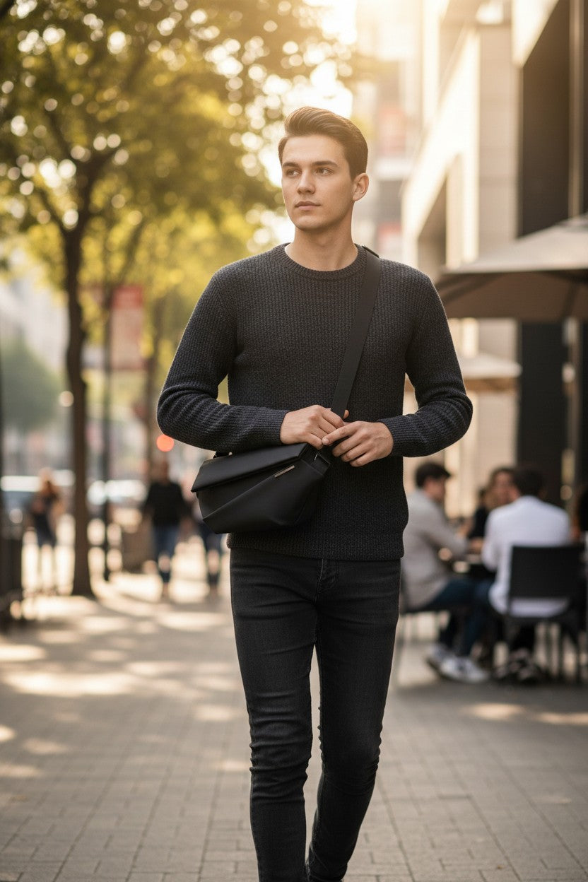 Man in black outfit holding a black bag on a city street. Urbanature, Monza Outlet, Monza Fashion, Shein Outlet