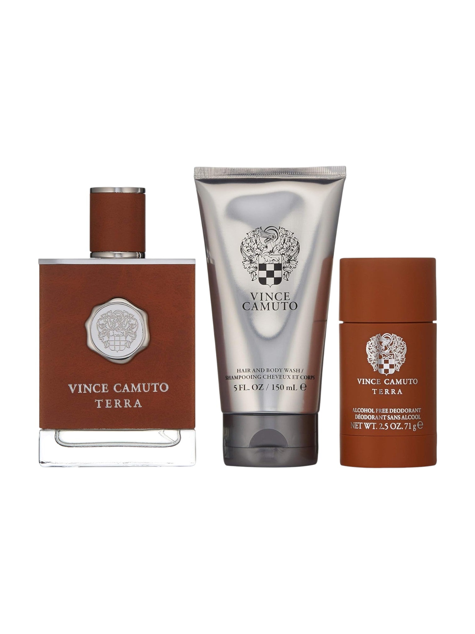 Vince Camuto men's grooming products including a bottle, tube, and stick on a white background. Vince Camuto Terra, Monza Outlet, Monza Fashion, Shein Outlet