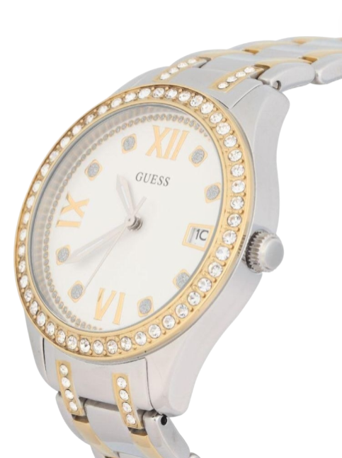 Silver and gold watch with crystal accents on a white background monza outlet, Shein outlet, monza fashion