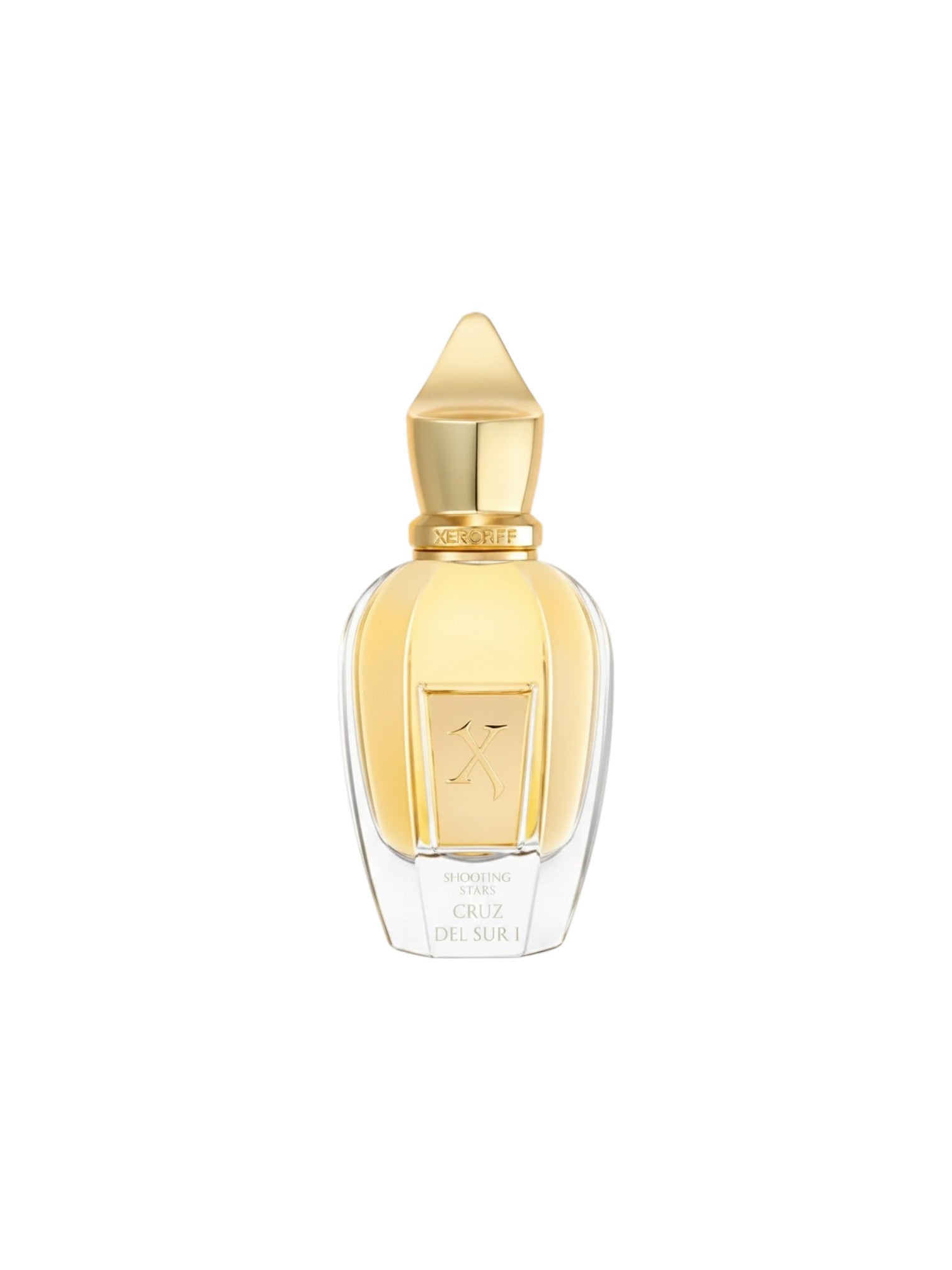 Gold and clear perfume bottle on a white background. Xerjoff, Monza Outlet, Monza Fashion, Shein Outlet