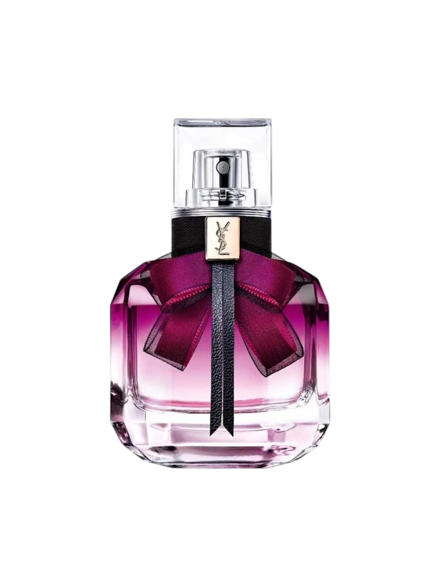 Perfume bottle with a purple ribbon on a white background. Yves Saint Laurent, Monza Outlet, Monza Fashion, Shein Outlet
