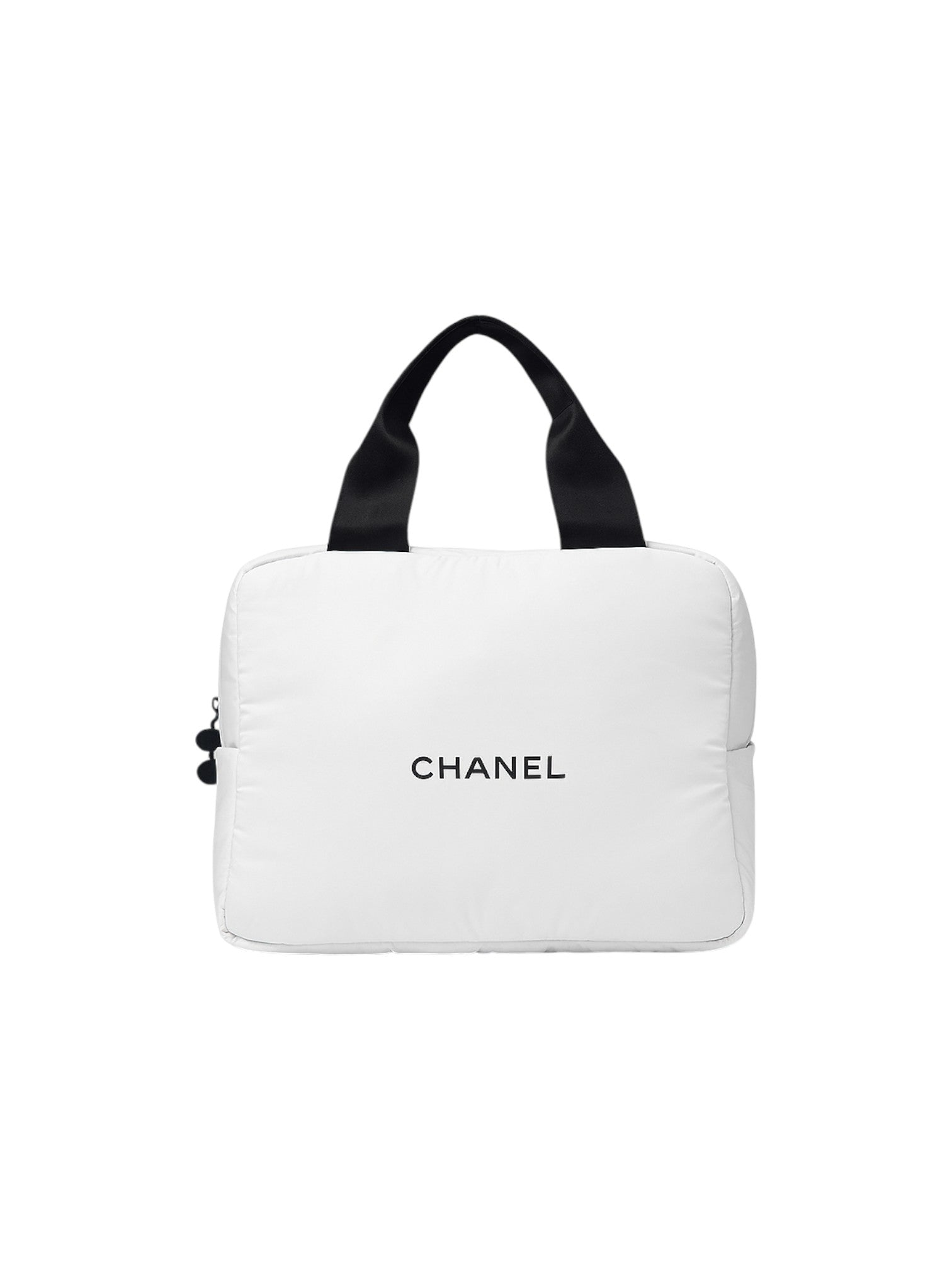 White Chanel pouch with black handle on a white background Monza outlet, monza fashion, shein outlet, shien outlet