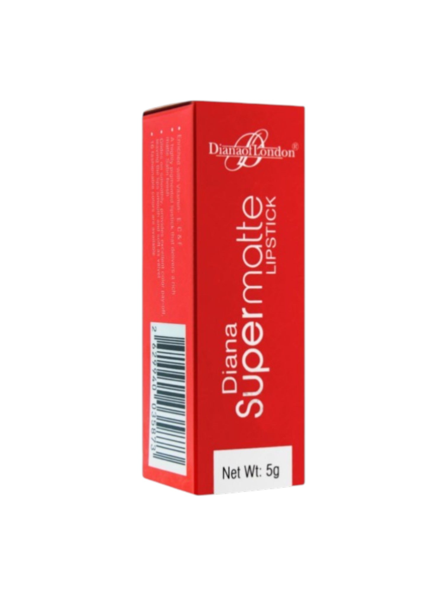 Red box of Diana Supermatte lipstick on a white background. Diana of London, Monza Outlet, Monza Fashion, Shein Outlet