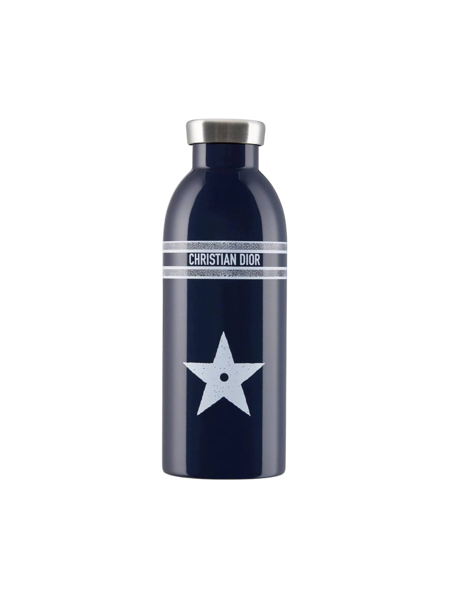 Navy blue water bottle with white star and Christian Dior branding on a white background. Dior, Monza Outlet, Monza Fashion, Shein Outlet