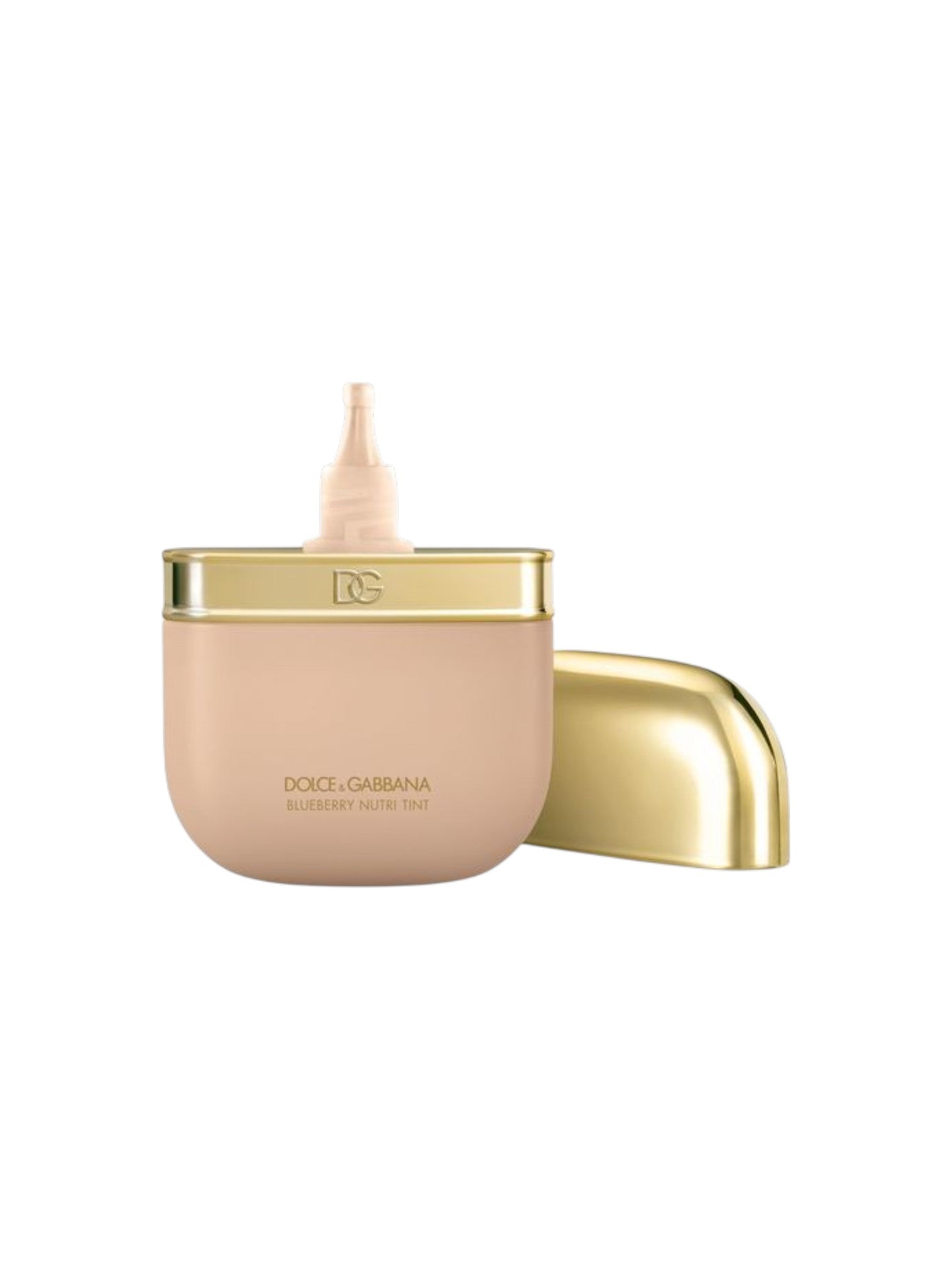 Dolce Gabbana Blueberry Night Oil in a matte pale pink jar with a shiny gold cap, shown with the applicator removed and the gold cap beside it on a white background. Dolce & Gabbana, Monza Outlet, Monza Fashion, Shein Outlet