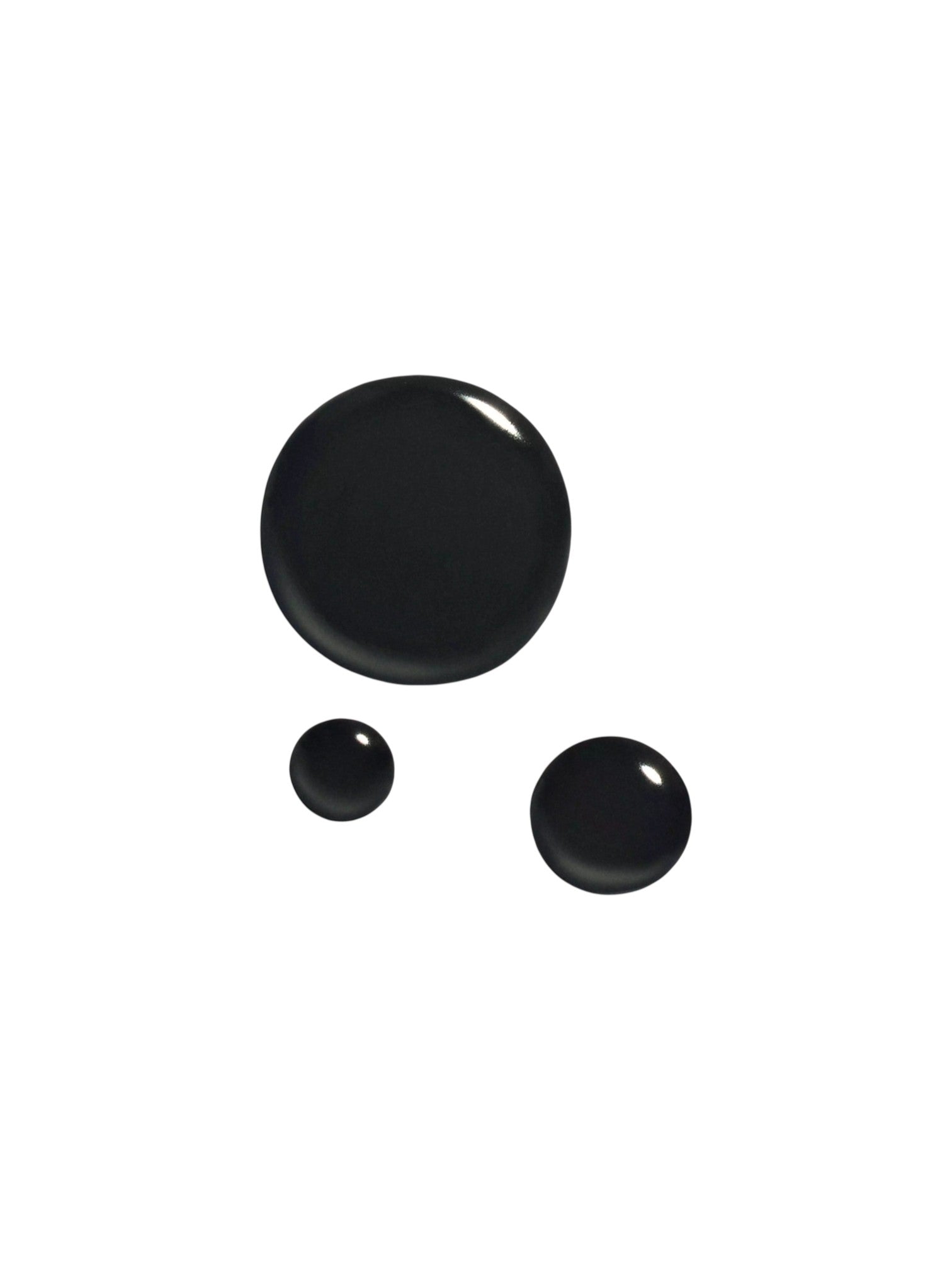 Three glossy black circular droplets of varying sizes on a plain white background. Dolce and Gabanna, Monza Outlet, Monza Fashion, Shein Outlet