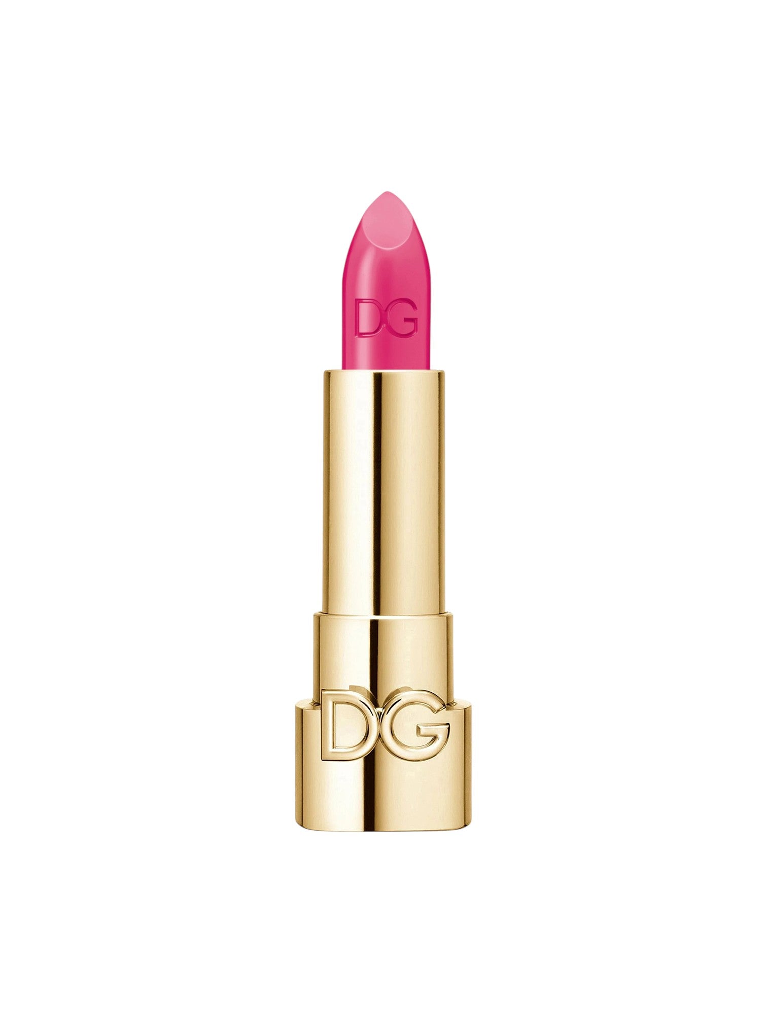 Pink lipstick with gold casing on a white background. Dolce & Gabbana, Monza Outlet, Monza Fashion, Shein Outlet