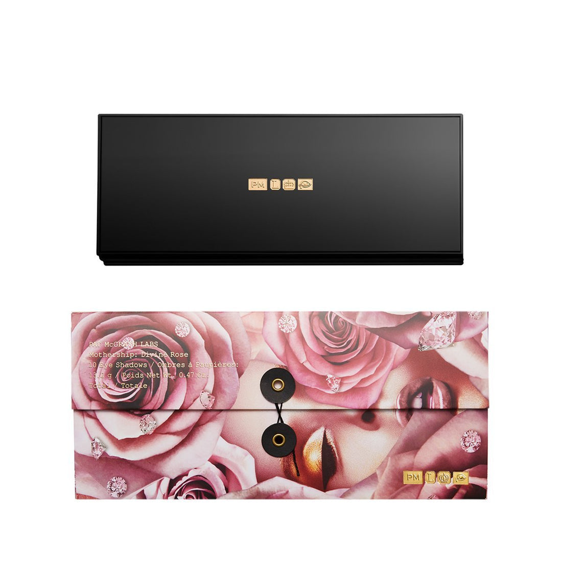 Black and pink floral design box with gold accents on a white background. Monza Outlet