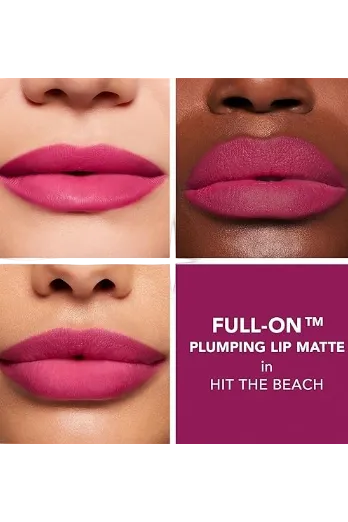Lipstick color swatch on different skin tones with 'Full-On Plumping Lip Matte' text. Monza fashion outlet, monza outlet, shein outlet, shien outlet cosmetics, makeup, perfume