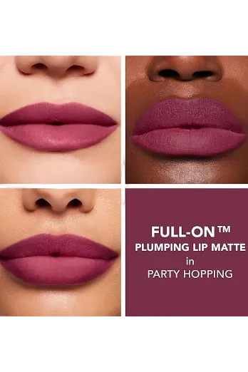 Lipstick color swatch on different skin tones with 'Full-On Plumping Lip Matte' text. Monza fashion outlet, monza outlet, shein outlet, shien outlet cosmetics, makeup, perfume