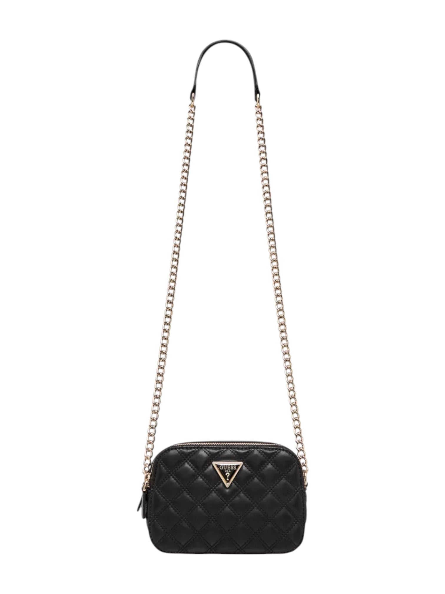 Black quilted handbag with chain strap on a white background. Guess, Monza Outlet, Monza Fashion, Shein Outlet