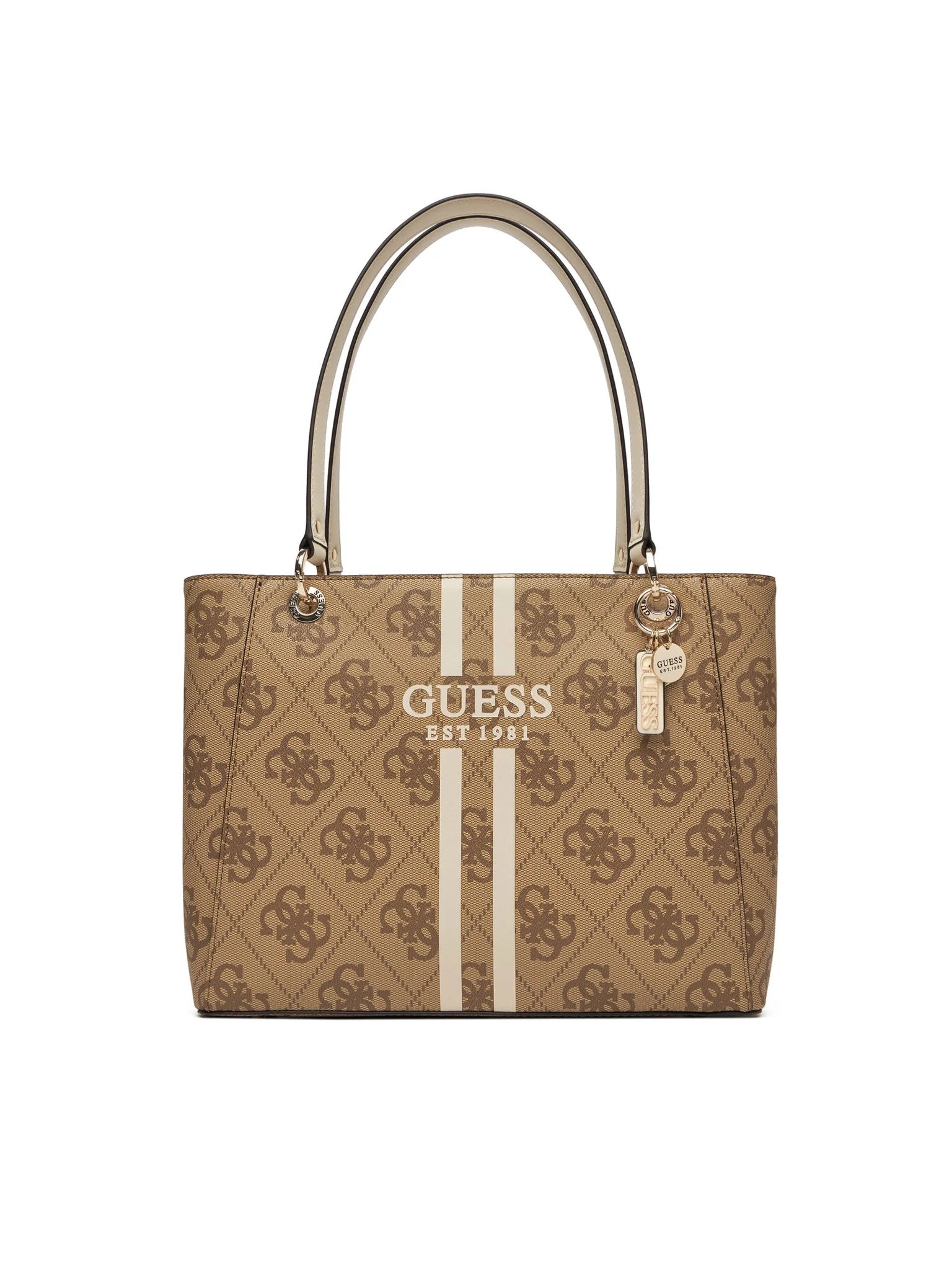 Brown handbag with Guess logo on a white background. Guess, Monza Outlet, Monza Fashion, Shein Outlet