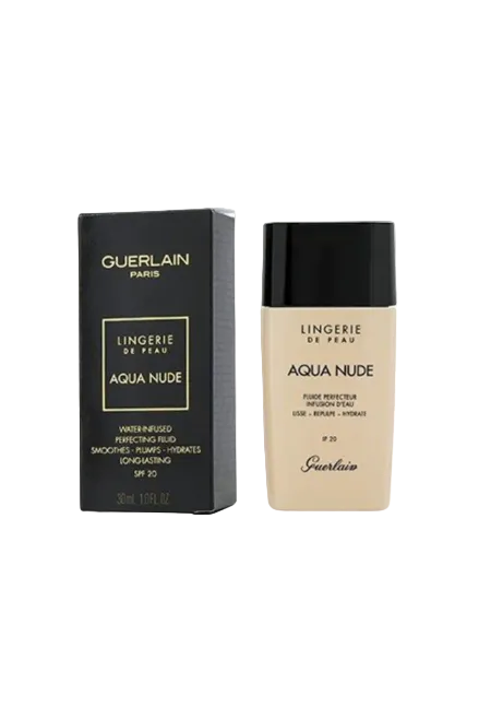 Guerlain Aqua Nude skincare product with packaging on a white background. Monza Outlet