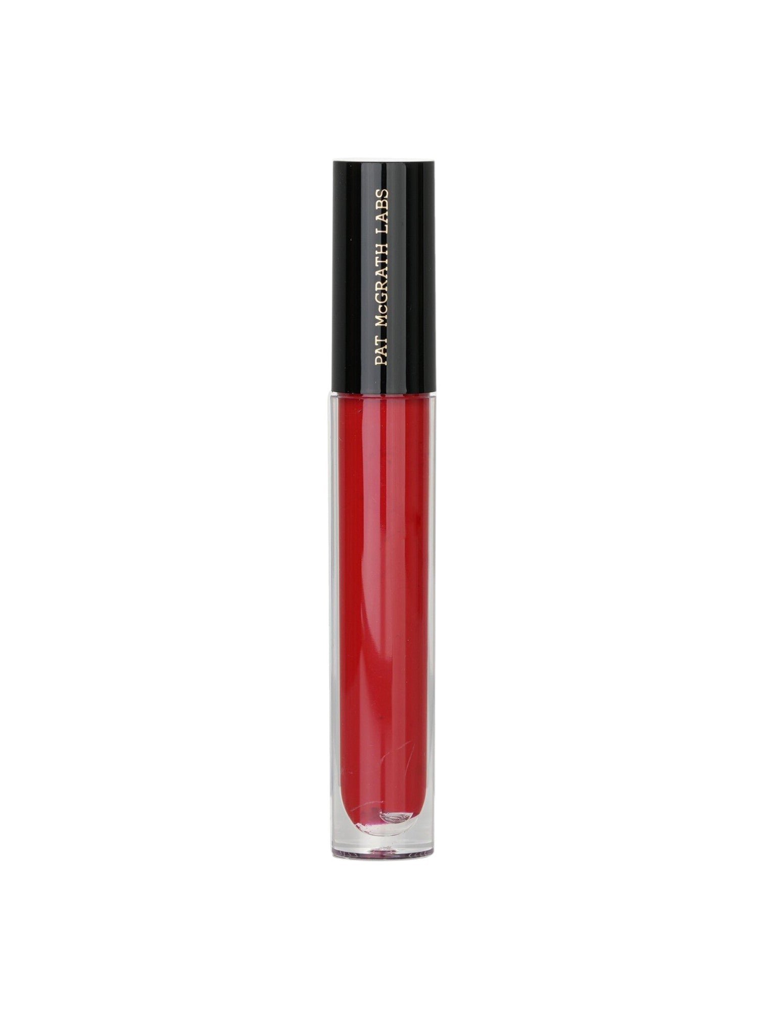 Red lip gloss with black cap on a white background. McGrath Labs, Monza Outlet, Monza Fashion, Shein Outlet