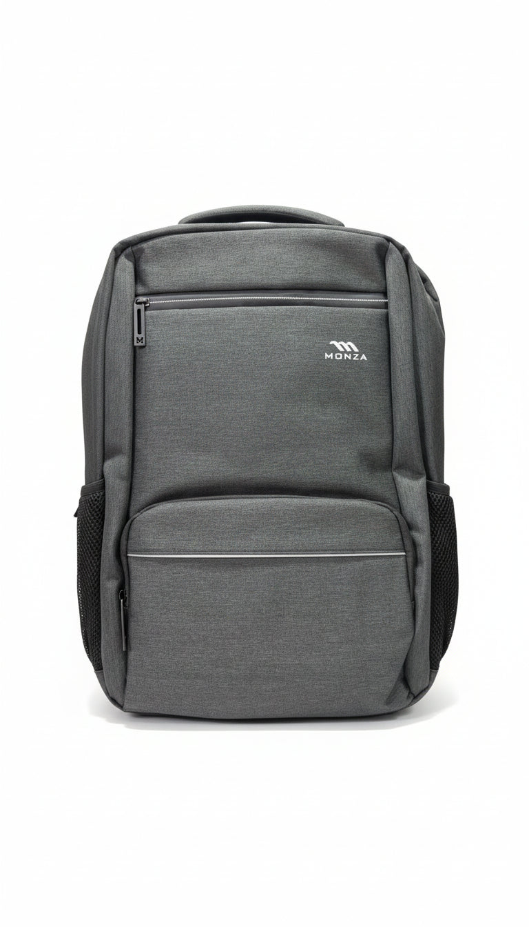 Gray backpack with a brand logo on a white background. Monza Italy, Monza Outlet, Monza Fashion, Shein Outlet
