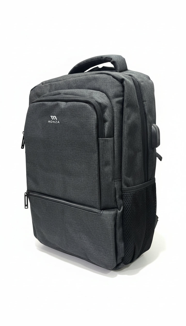Black backpack with a visible brand logo on a white background. Monza Italy, Monza Outlet, Monza Fashion, Shein Outlet
