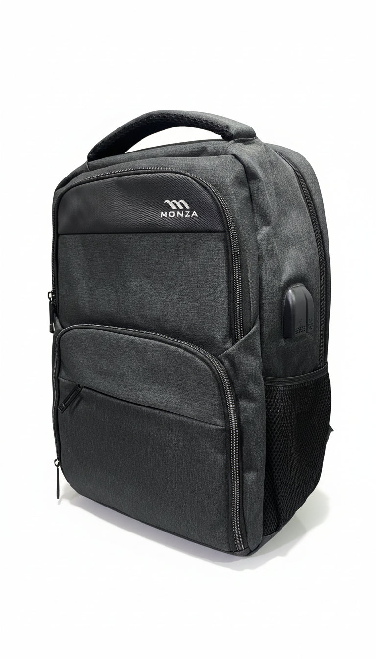 Black backpack with a visible brand logo on a white background. Monza Italy, Monza Outlet, Monza Fashion, Shein Outlet