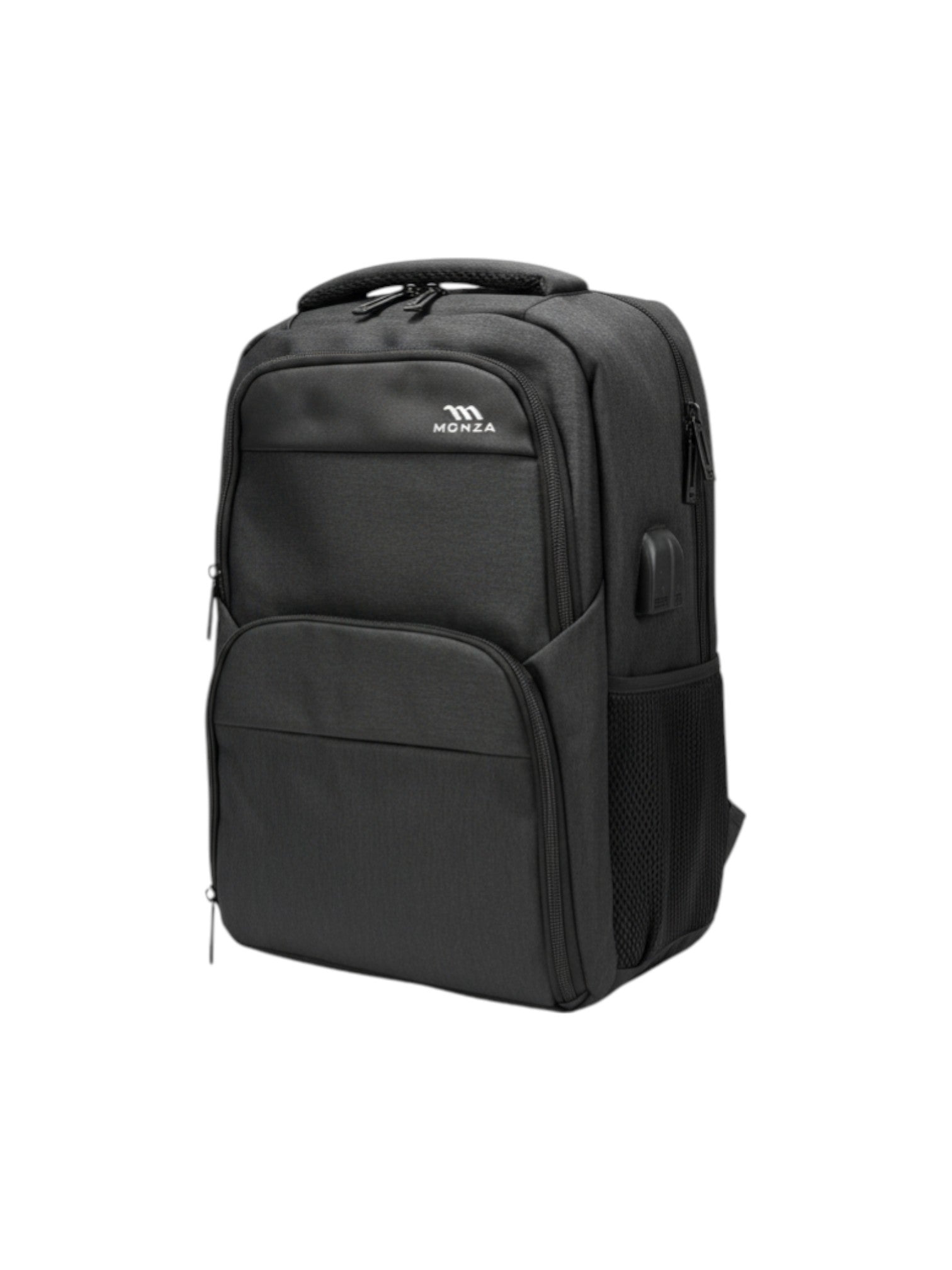 Black backpack with a visible brand logo on a white background. Monza Italy, Monza Outlet, Monza Fashion, Shein Outlet