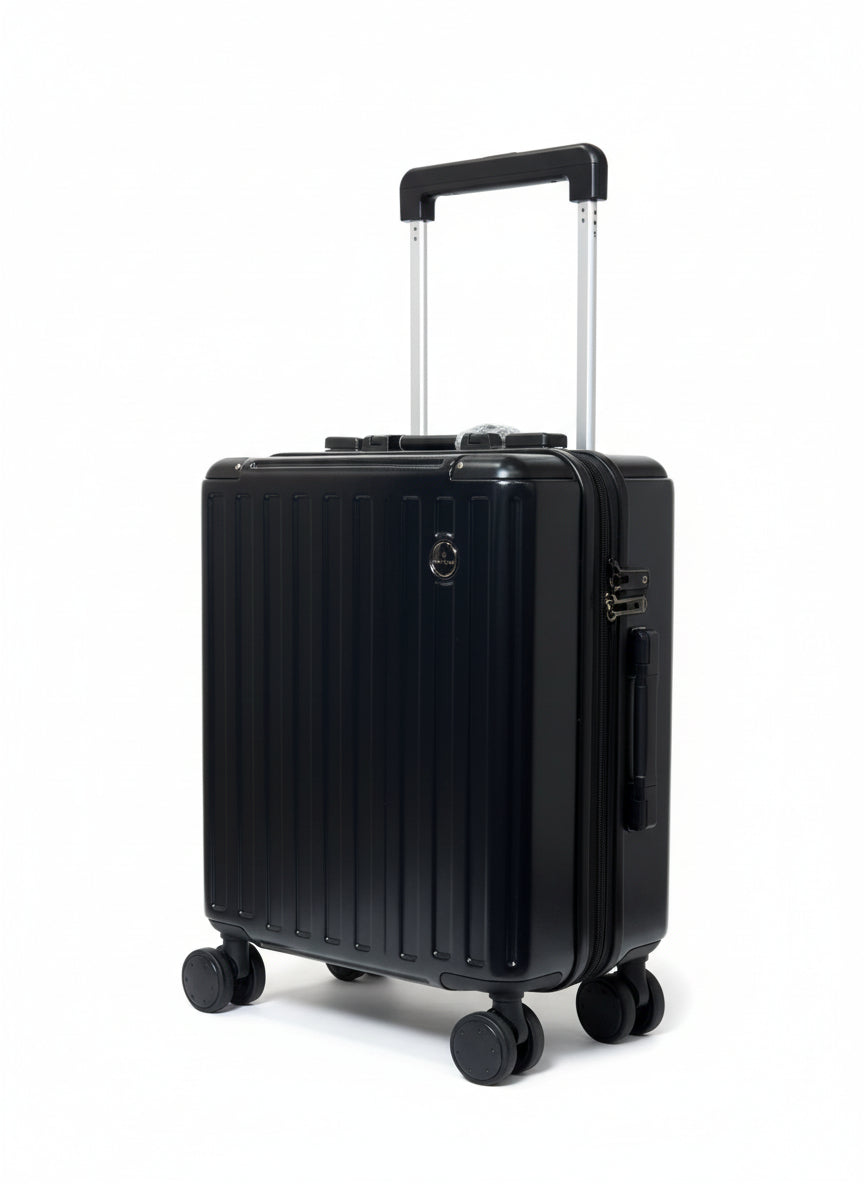 Black suitcase with wheels on a white background. Ricardo, Monza Outlet, Monza Fashion, Shein Outlet
