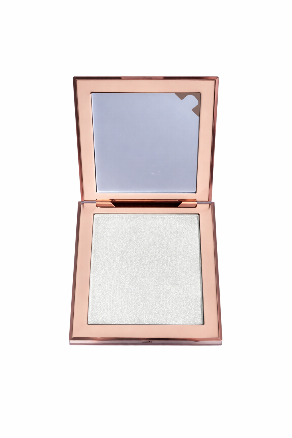 Compact powder with rose gold casing and mirror on a white background. Riva Girl, Monza Outlet, Monza Fashion, Shein Outlet