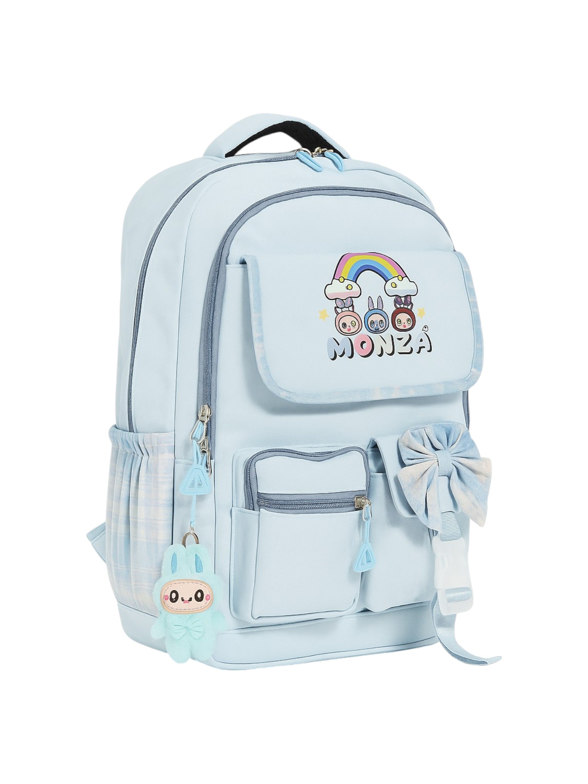 Light blue backpack with cartoon designs and 'MONZA' branding on a white background monza outlet, Shein outlet, monza fashion