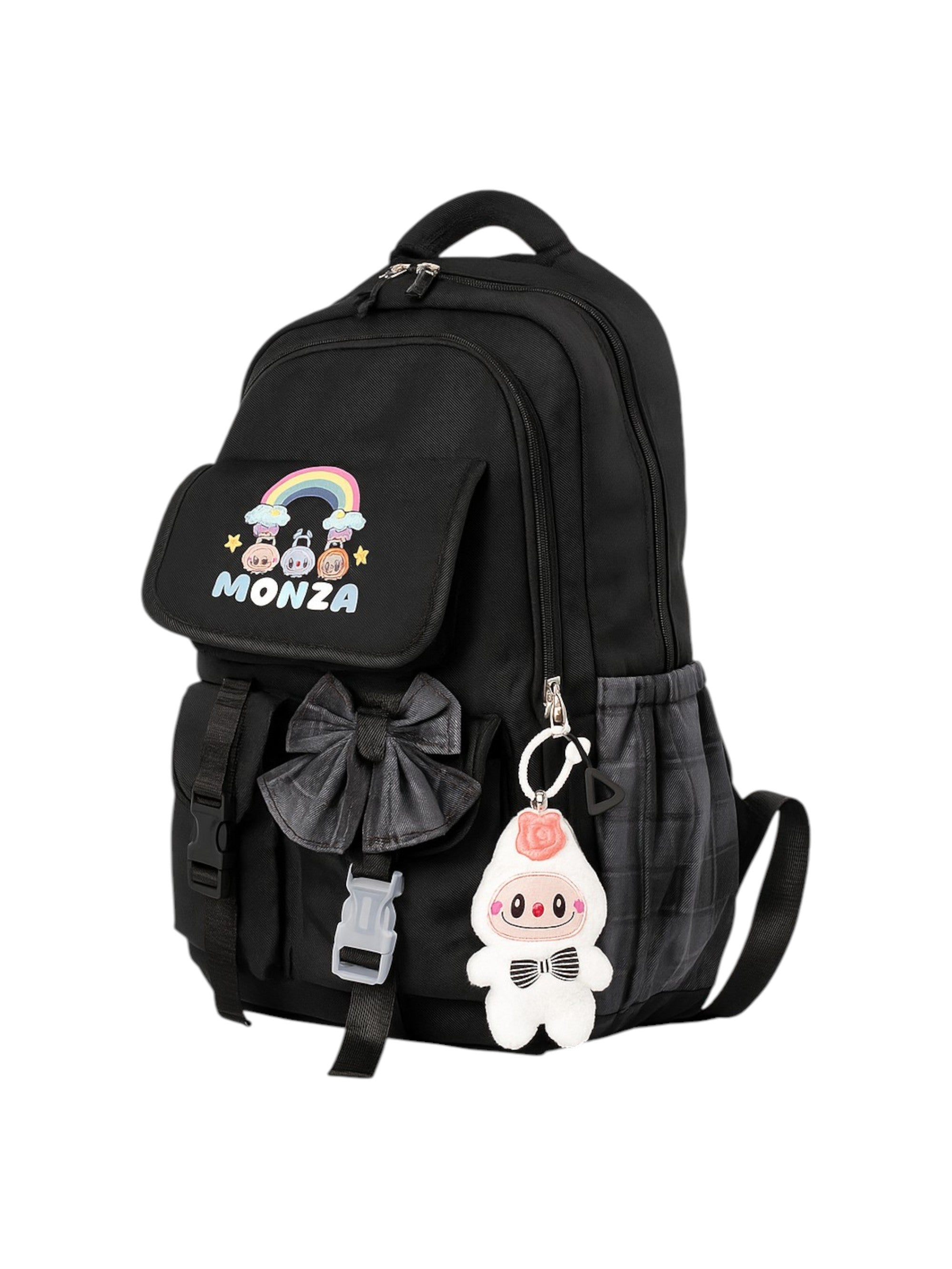 Black backpack with cartoon character and 'MONZA' branding on a white background monza outlet, Shein outlet, monza fashion