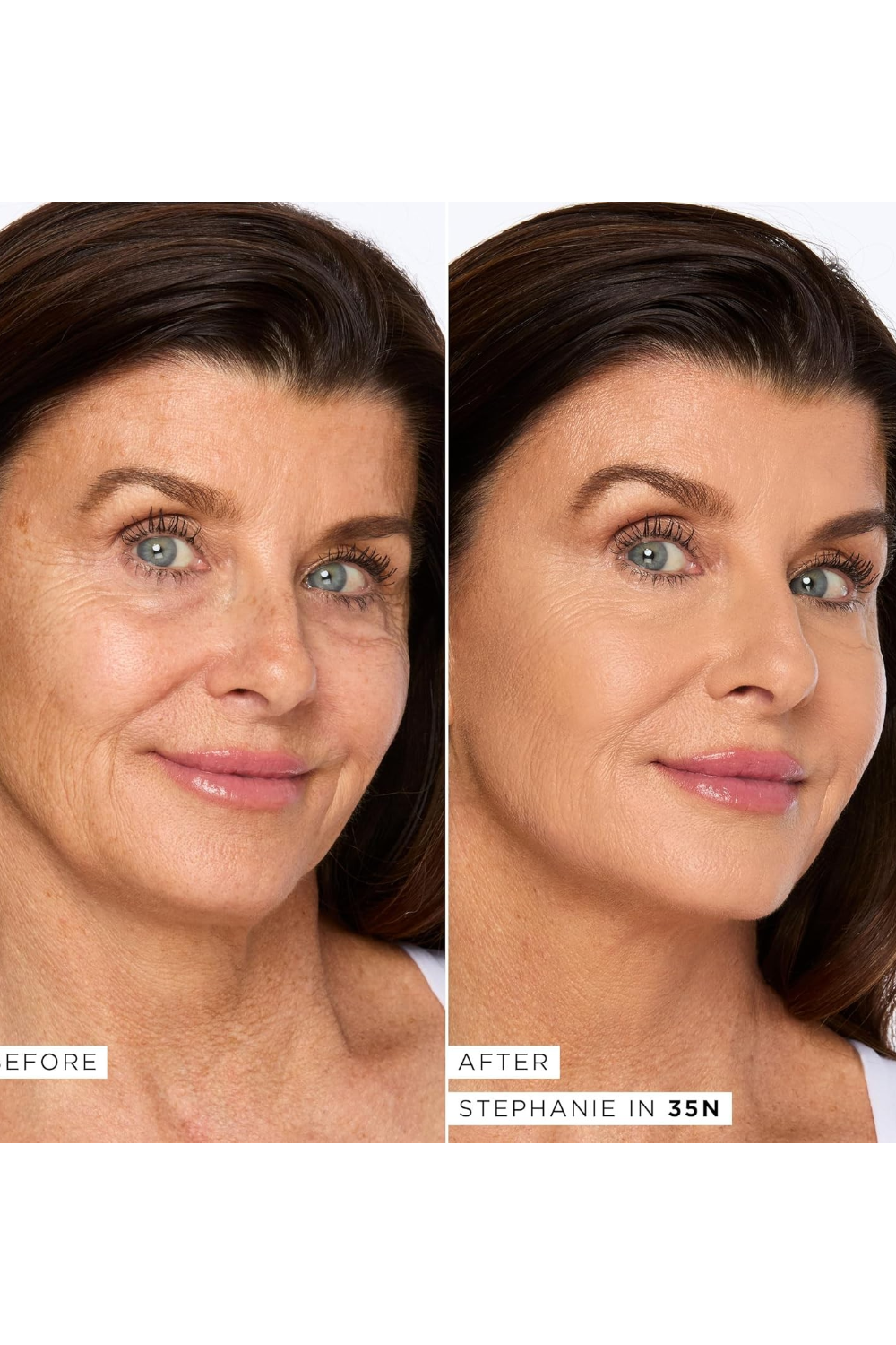 Before and after comparison of a woman's face with visible skin texture differences, labeled 'Stephanie in 35N'. Monza fashion outlet, monza outlet, shein outlet, shien outlet cosmetics, makeup, perfume