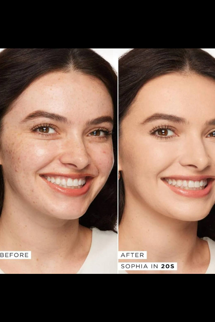 Before and after comparison of a woman's face with visible skin improvement using a skincare product. Monza fashion outlet, monza outlet, shein outlet, shien outlet cosmetics, makeup, perfume