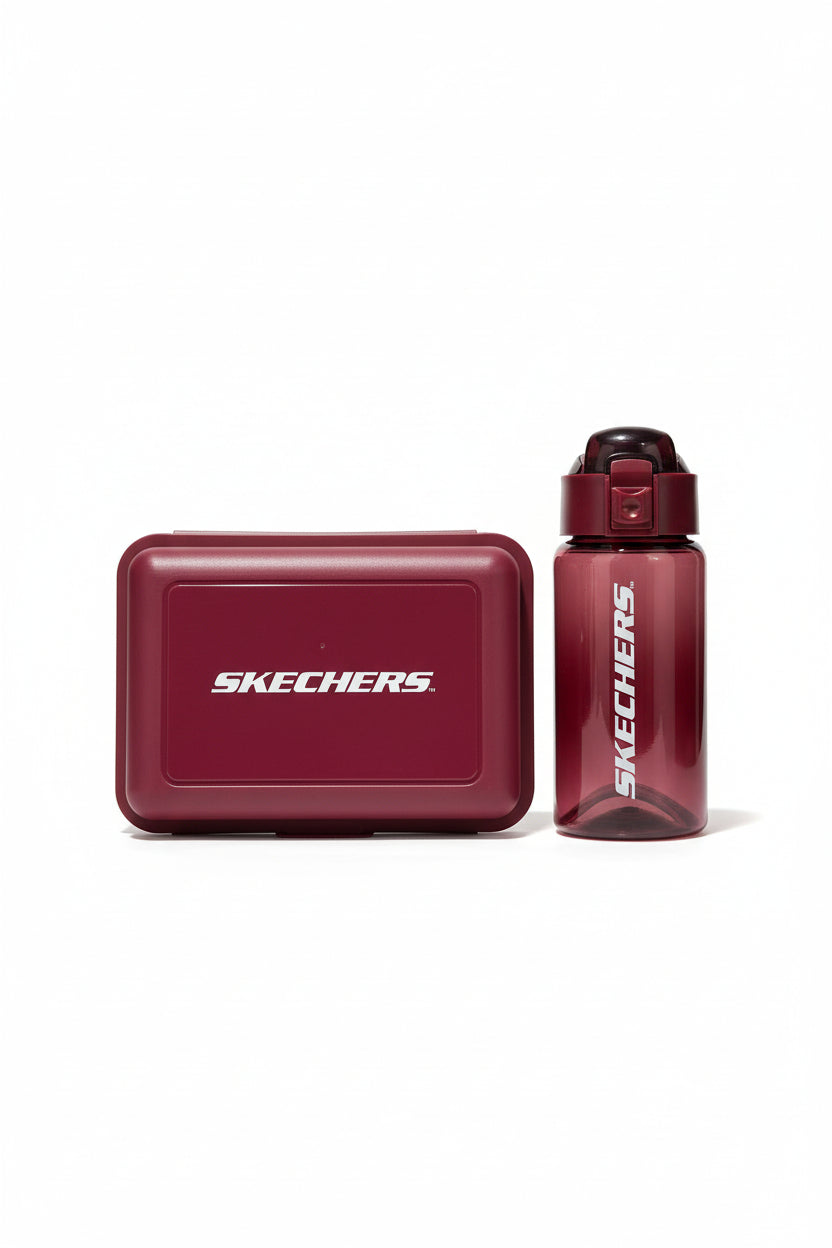 Maroon water bottle and container with Skechers logo on a white background. Skechers, Monza Outlet, Monza Fashion, Shein Outlet