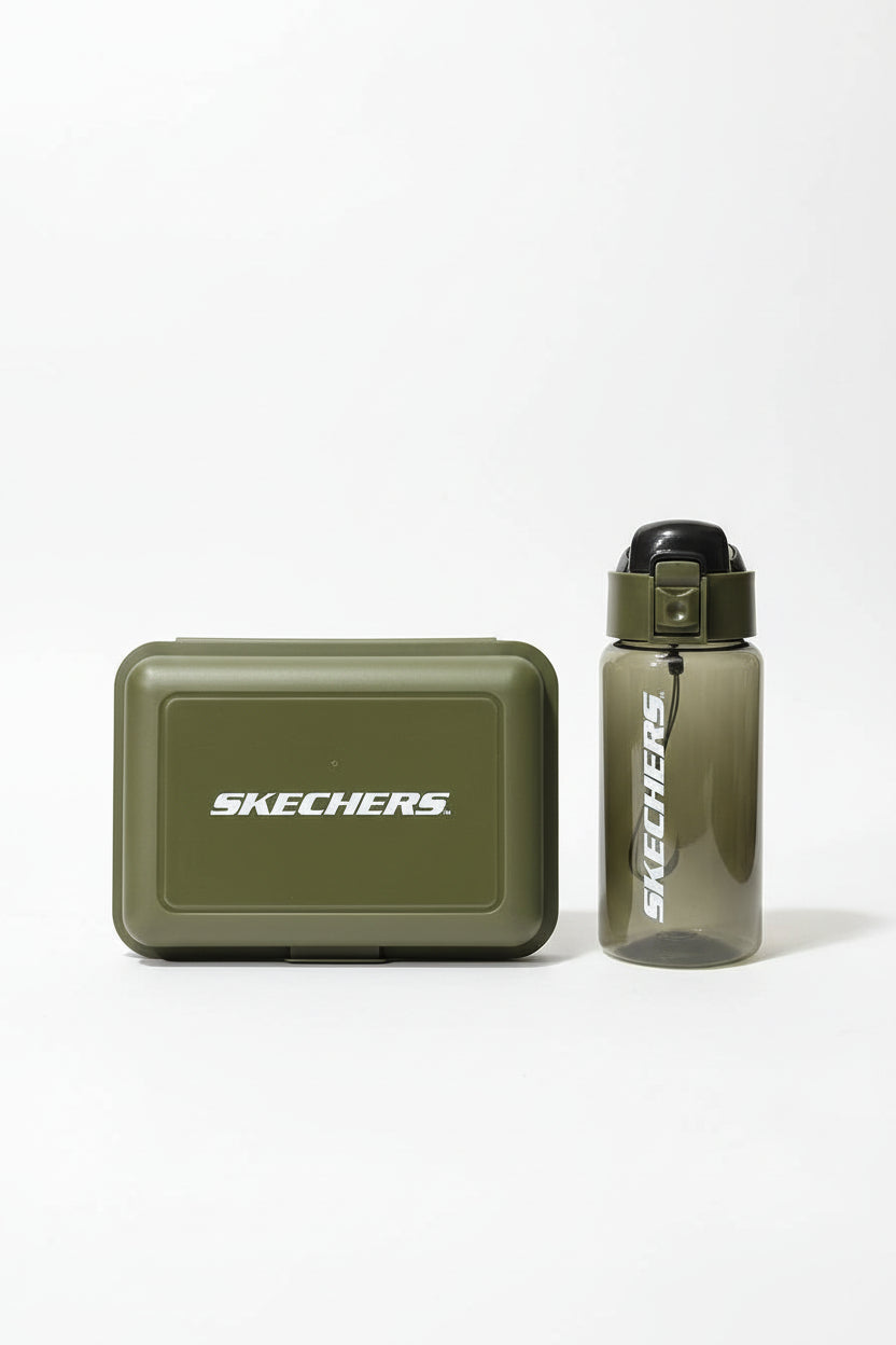 Olive green box and bottle with Skechers branding on a white background. Skechers, Monza Outlet, Monza Fashion, Shein Outlet