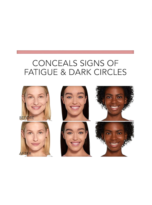 Before and after effects of concealer on faces with text 'Conceals signs of fatigue & dark circles'. monza outlet, Shein outlet, monza fashion