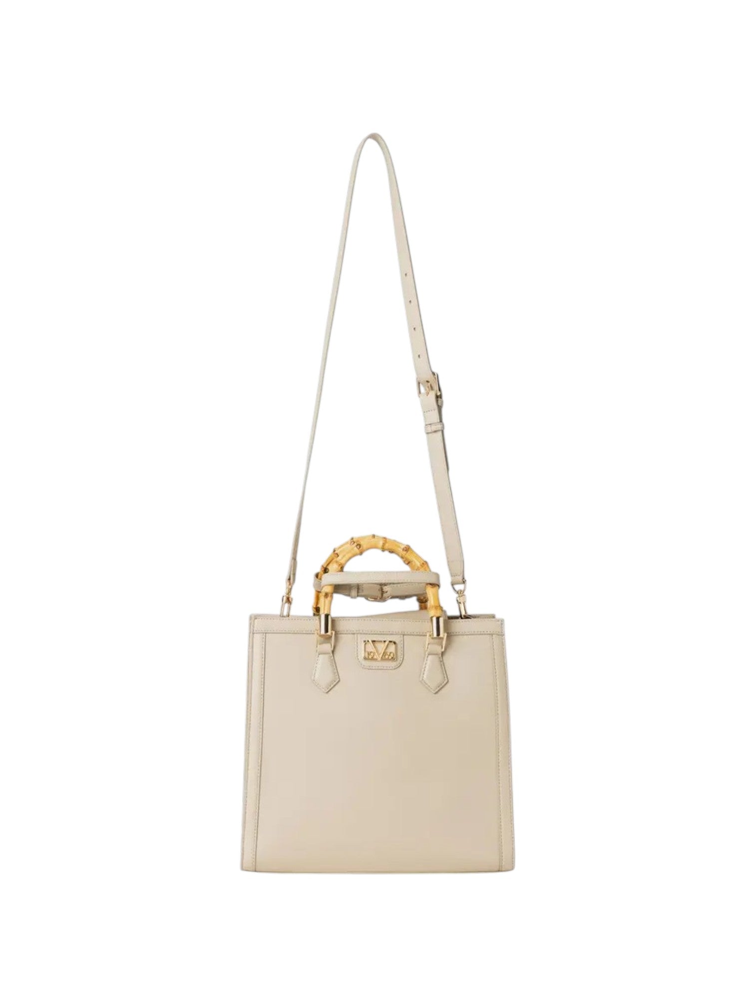 A structured cream colored leather handbag with a bamboo top handle and gold tone hardware, shown against a plain white background. 19v69 Italia, Monza Outlet, Monza Fashion, Shein Outlet