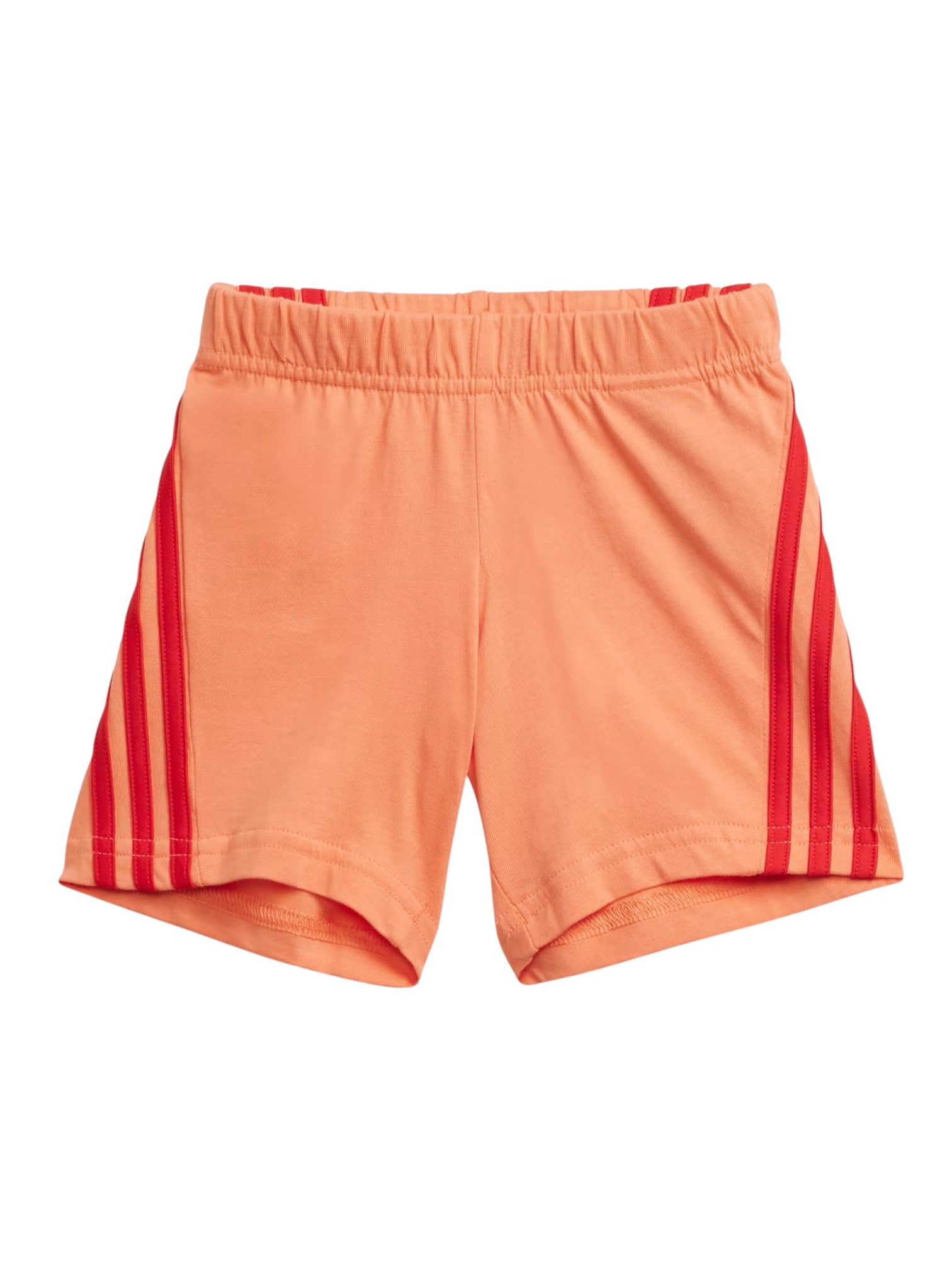 Orange shorts with red stripes on a white background. Adidas, Monza Outlet, Monza Fashion, Shein Outlet