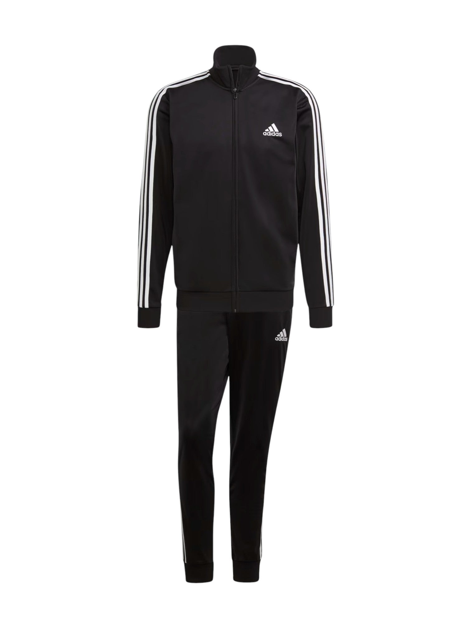 Black Adidas tracksuit with white stripes on a white background. Adidas, Monza Outlet, Monza Fashion, Shein Outlet