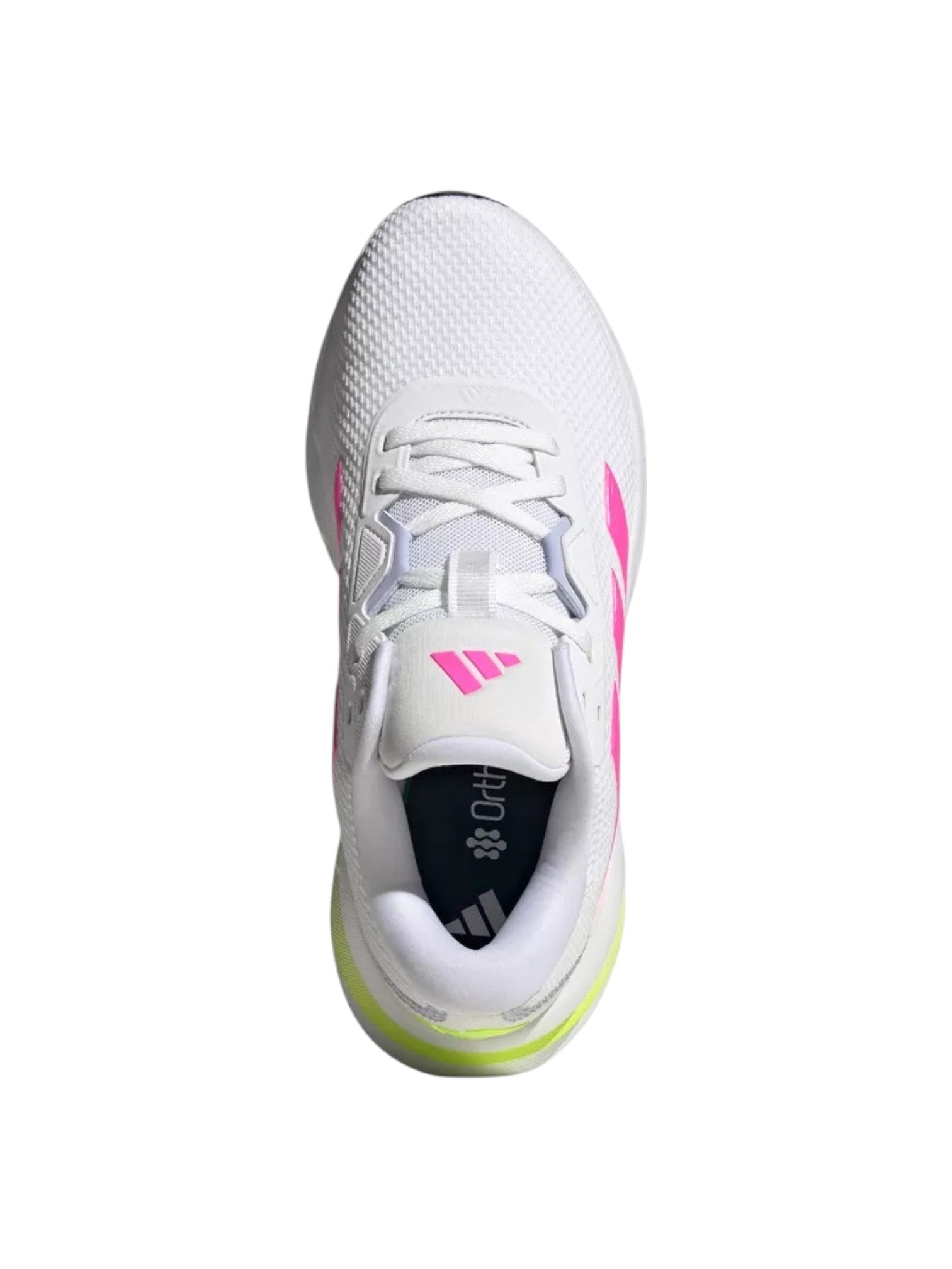 White athletic shoe with pink accents on a white background. Adidas, Monza Outlet, Monza Fashion, Shein Outlet