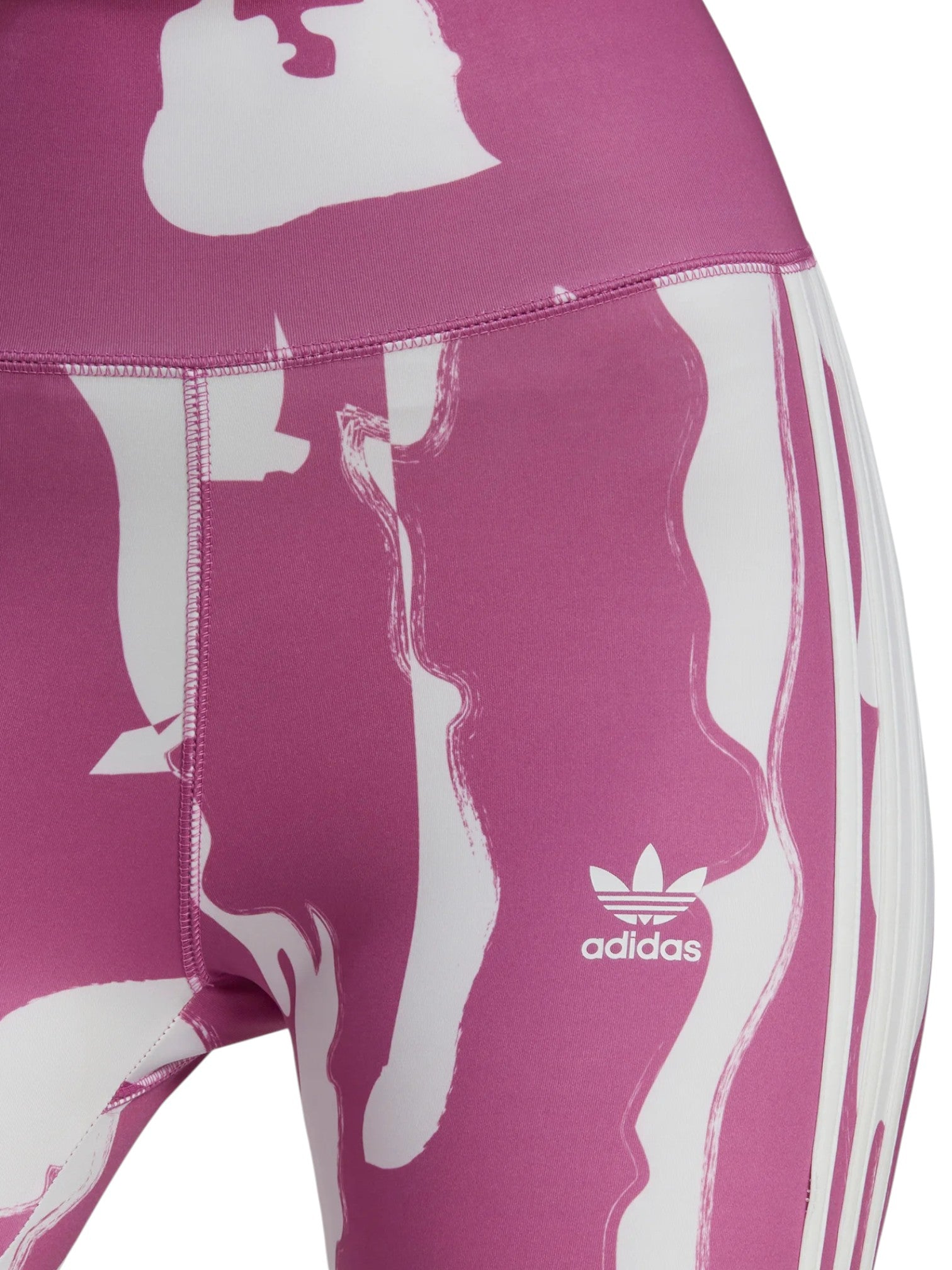 Close-up of pink Adidas leggings with white graphics and logo. Adidas, Monza Outlet, Monza Fashion, Shein Outlet