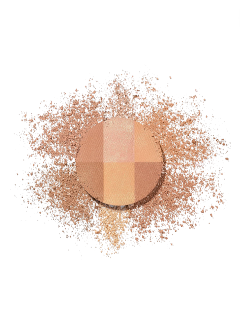 Makeup product with three color shades surrounded by scattered powder on a white background Bourjois Monza Outlet
