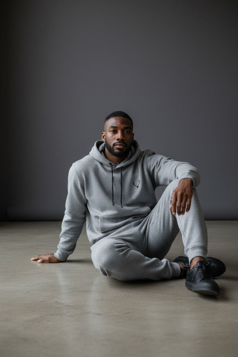 Man sitting on the floor wearing a gray tracksuit against a dark background. Antler, Monza Outlet, Monza Fashion, Shein Outlet